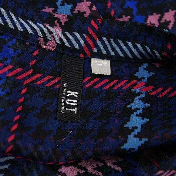 Kut From The Kloth Long Sleeve Houndstooth Plaid Sheer Button Blouse L - Picture 8 of 11